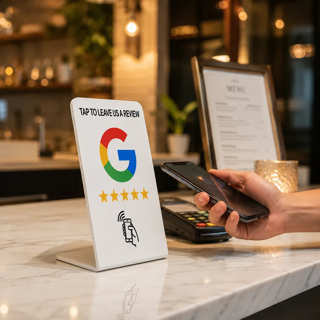 Cliente acercando su teléfono a TapCodes en un restaurante